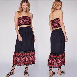 Free People Size Medium Rosebud Tube Set Mesh Embroidered Boho Maxi skirt Set